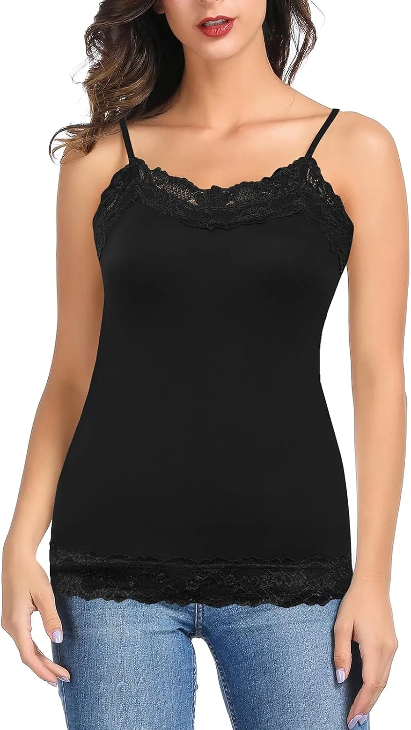 Kate Kasin Women's Adjustable Spaghetti Strap Lace Trim Cami Tunic Tank Top 2PACK