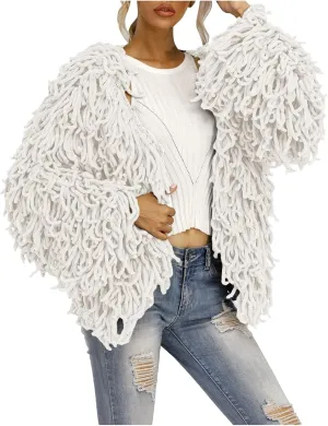 Ladies' Fashion Trendy Fringed Sweater Jacket Hollow Solid Color Cardigan Casual Top Down Coat