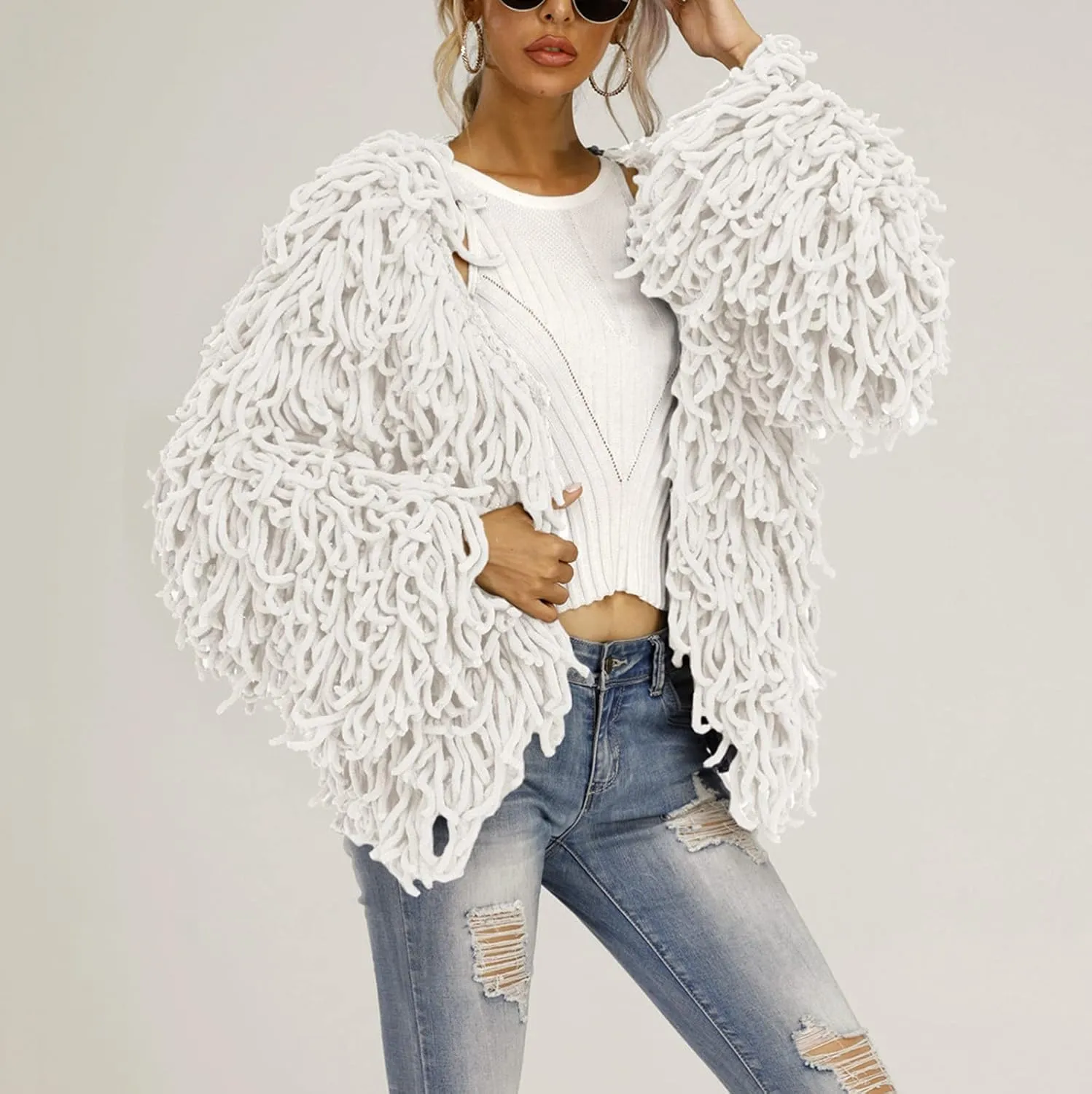 Ladies' Fashion Trendy Fringed Sweater Jacket Hollow Solid Color Cardigan Casual Top Down Coat