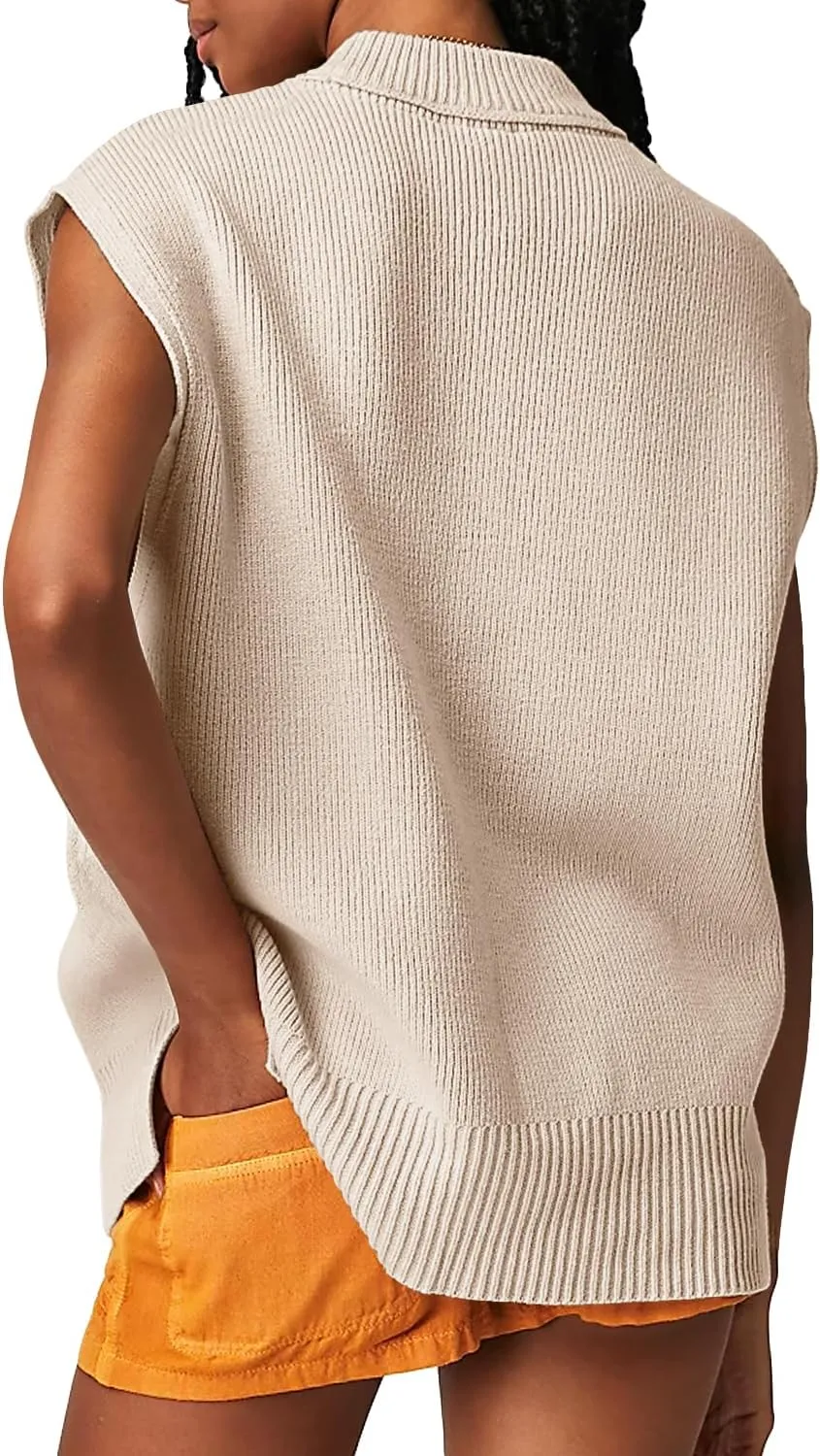 Langwyqu Womens Sweater Vest Cap Sleeve Mock Neck Vest Tops Casual Loose Fit Trendy Knit Sweater Pullover Tank Tops