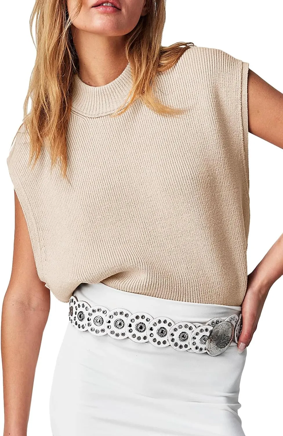 Langwyqu Womens Sweater Vest Cap Sleeve Mock Neck Vest Tops Casual Loose Fit Trendy Knit Sweater Pullover Tank Tops