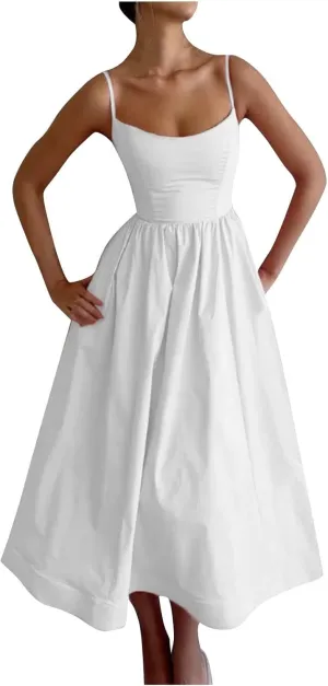 Lastesso Dresses for Women 2024 Casual Spaghetti Strap Flowy Beach Long Dress Loose Fitted Tiered Beach Party Sundresses