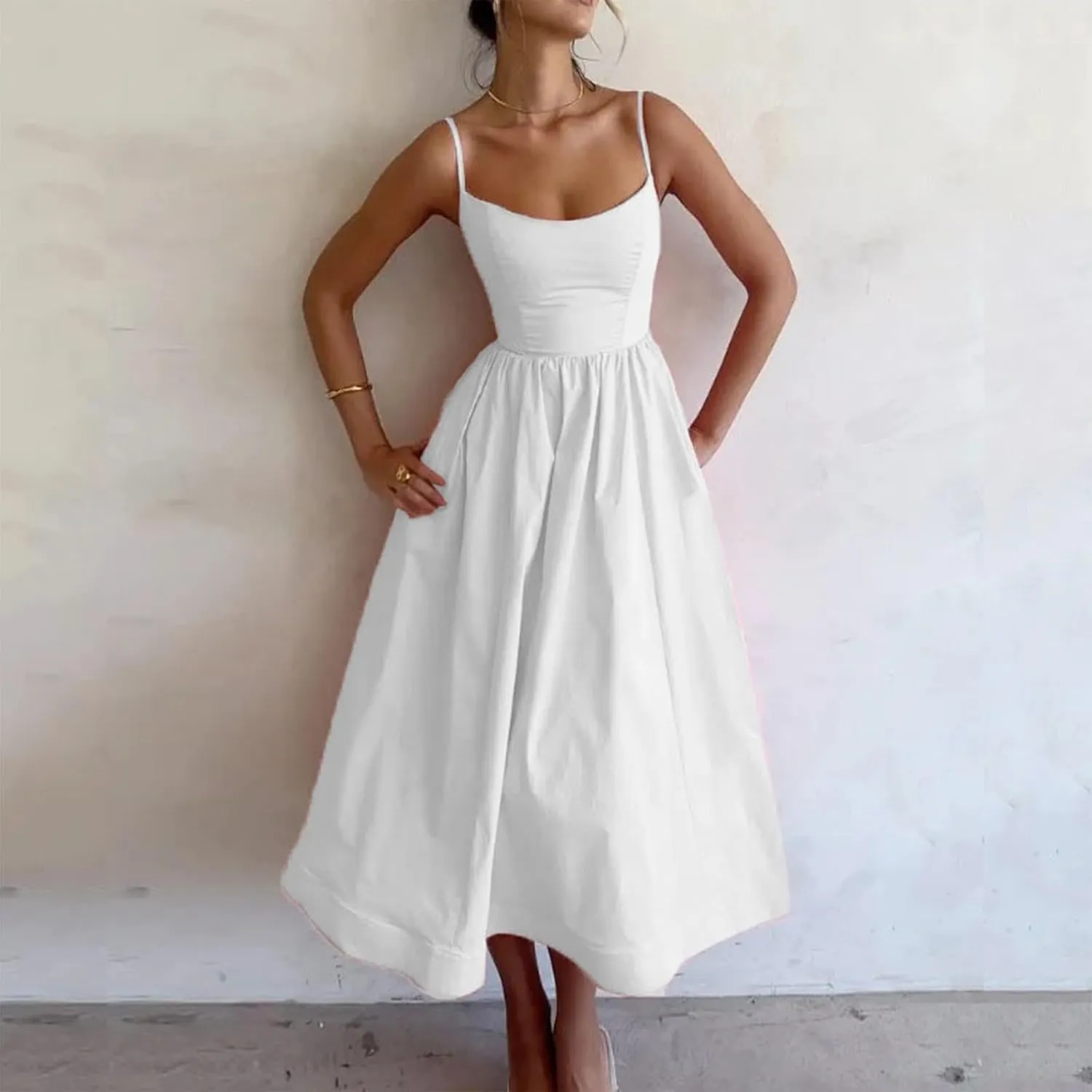 Lastesso Dresses for Women 2024 Casual Spaghetti Strap Flowy Beach Long Dress Loose Fitted Tiered Beach Party Sundresses