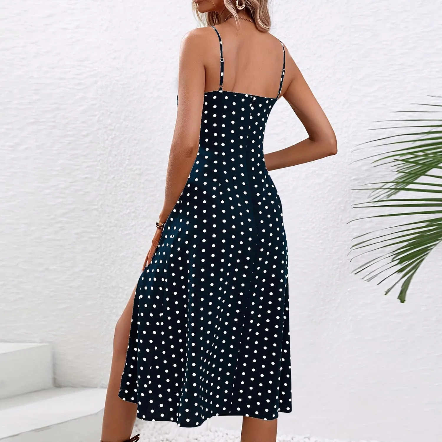 Lastesso Summer Dresses for Women 2024 Spaghetti Strap Tiered Flowy Beach Long Dress Polka Dots Side Split Maxi Sundresses