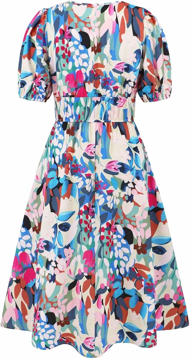 Lastesso Sundresses for Women Floar Print Flowy Maxi Dresses Casual V Neck Short Sleeve Outfits Summer Beach Sun Dresses