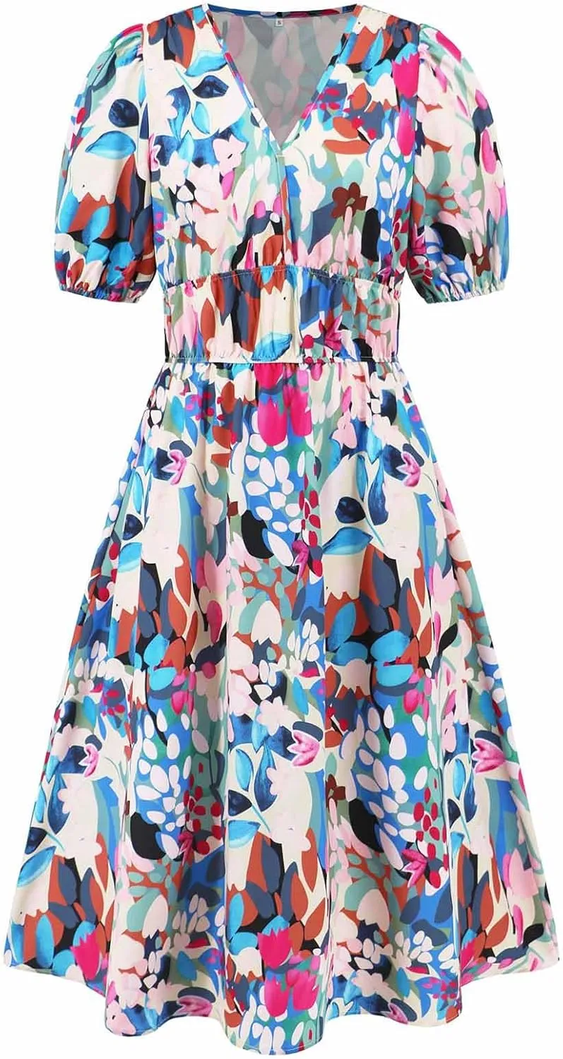 Lastesso Sundresses for Women Floar Print Flowy Maxi Dresses Casual V Neck Short Sleeve Outfits Summer Beach Sun Dresses