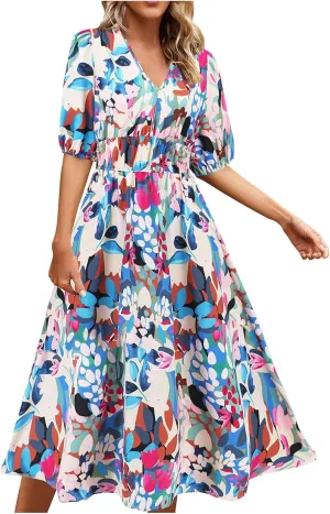 Lastesso Sundresses for Women Floar Print Flowy Maxi Dresses Casual V Neck Short Sleeve Outfits Summer Beach Sun Dresses
