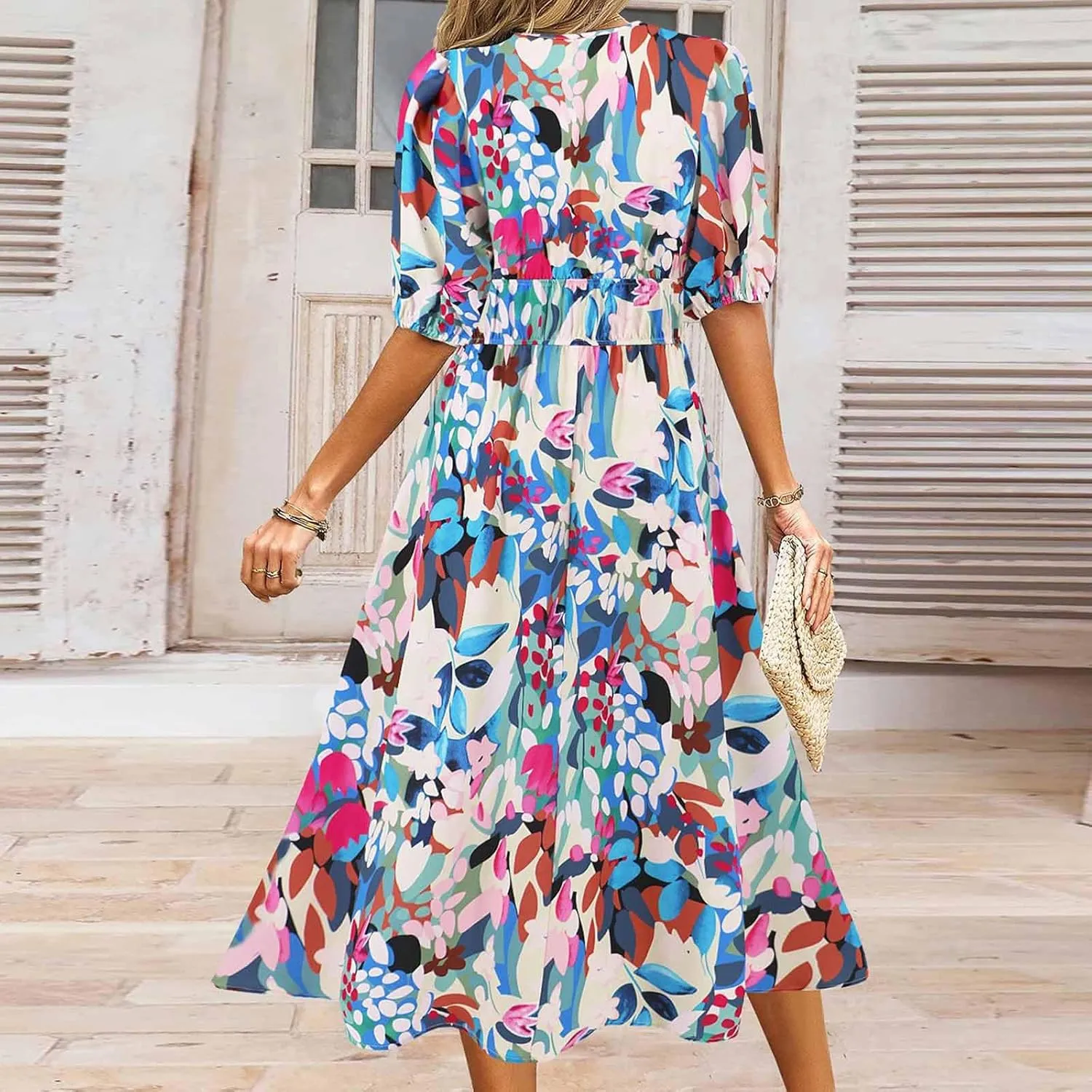 Lastesso Sundresses for Women Floar Print Flowy Maxi Dresses Casual V Neck Short Sleeve Outfits Summer Beach Sun Dresses