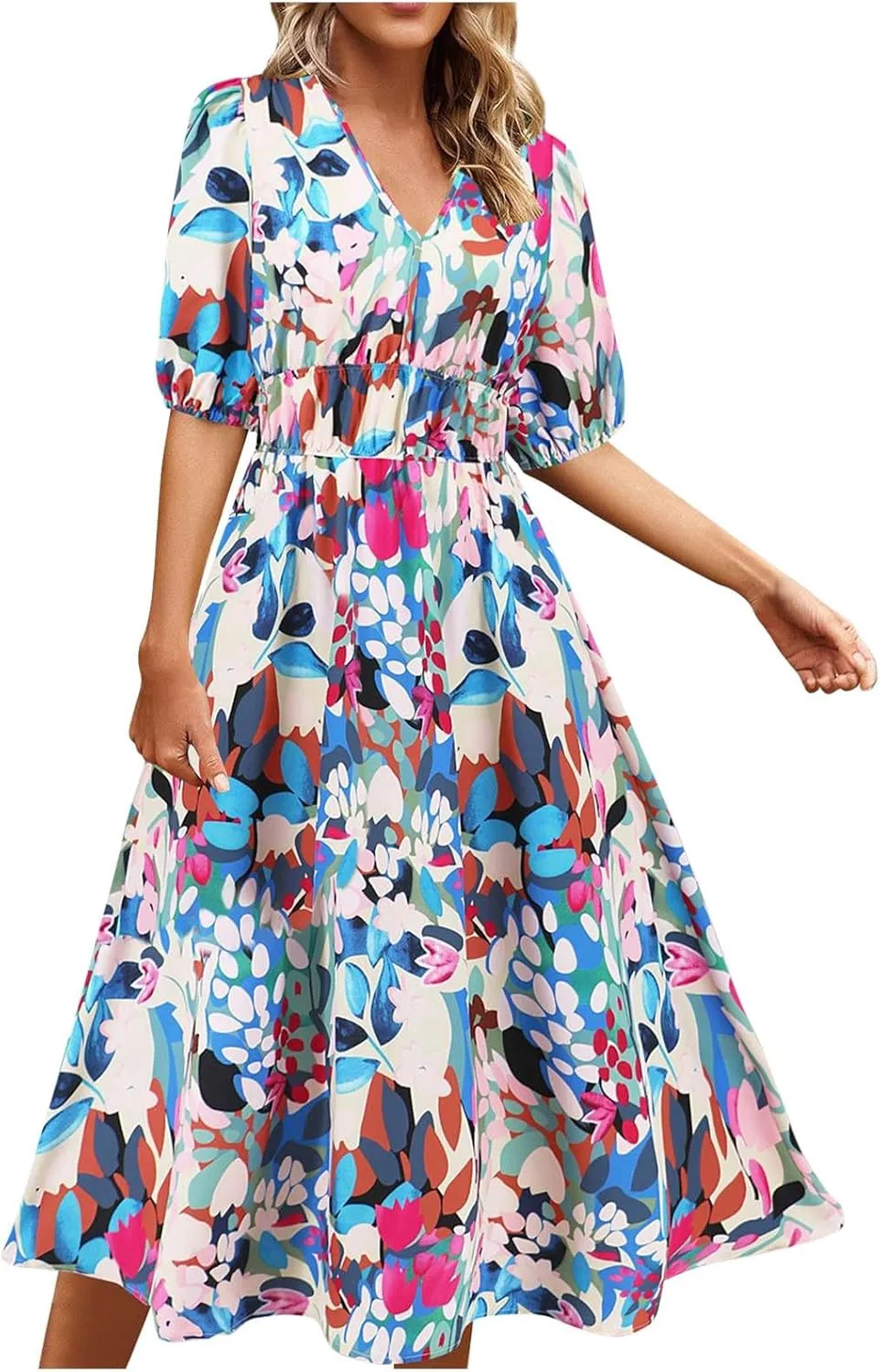 Lastesso Sundresses for Women Floar Print Flowy Maxi Dresses Casual V Neck Short Sleeve Outfits Summer Beach Sun Dresses