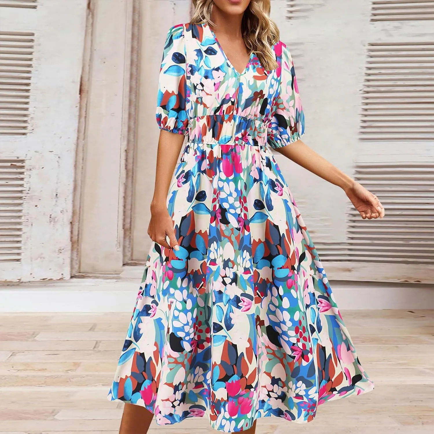Lastesso Sundresses for Women Floar Print Flowy Maxi Dresses Casual V Neck Short Sleeve Outfits Summer Beach Sun Dresses