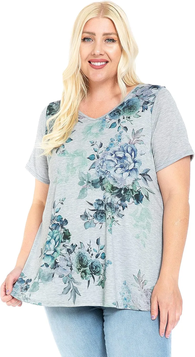 LEEBE Women and Plus Size Short Sleeve Printed Swing Tunic Top (Small-5X)