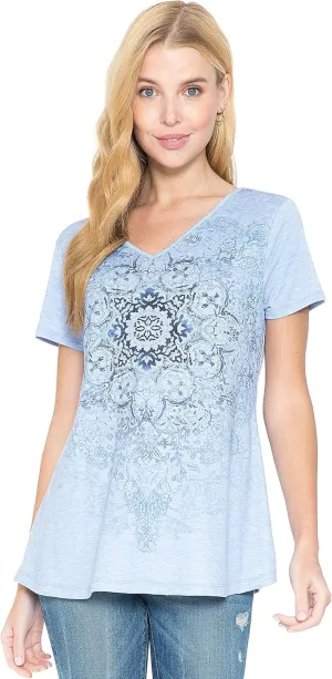 LEEBE Women and Plus Size Short Sleeve Printed Swing Tunic Top (Small-5X)
