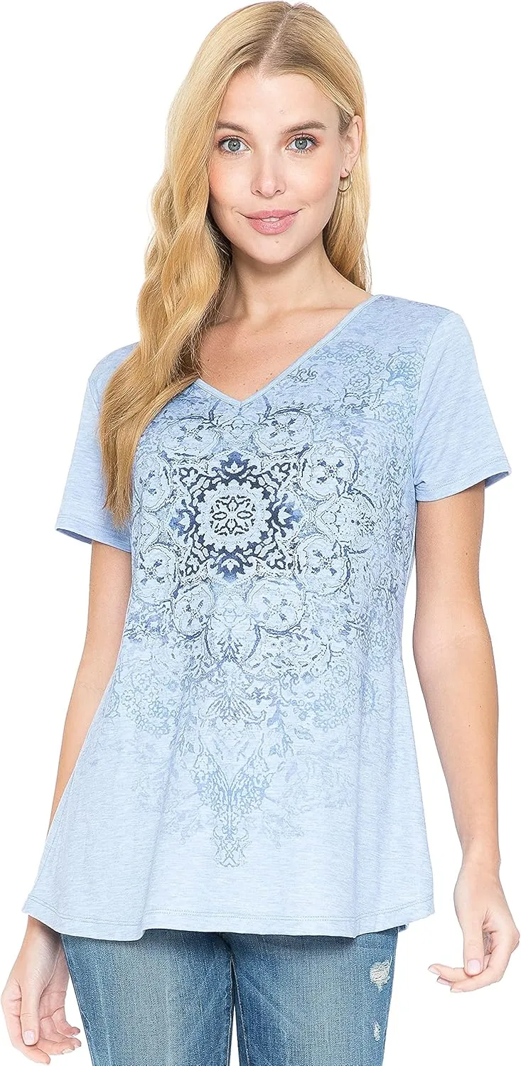 LEEBE Women and Plus Size Short Sleeve Printed Swing Tunic Top (Small-5X)