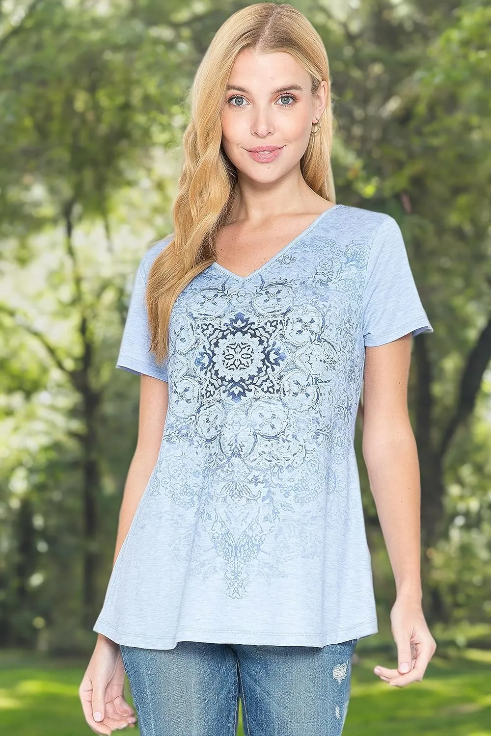 LEEBE Women and Plus Size Short Sleeve Printed Swing Tunic Top (Small-5X)
