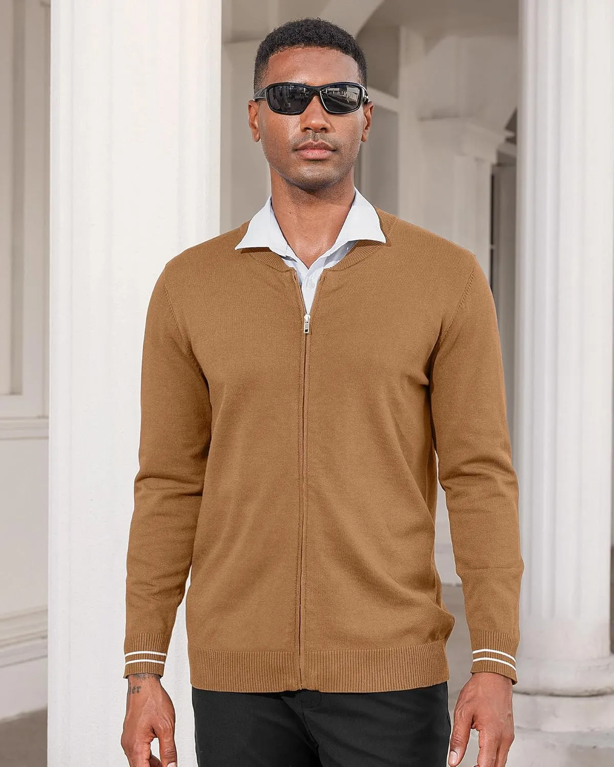 Lexiart Men's Casual Cardigan Sweaters Knitted Stand Collar Slim Fit Full-Zip Warm Jacket