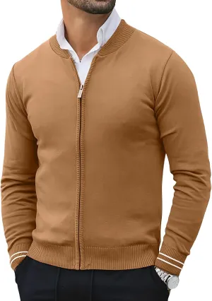 Lexiart Men's Casual Cardigan Sweaters Knitted Stand Collar Slim Fit Full-Zip Warm Jacket