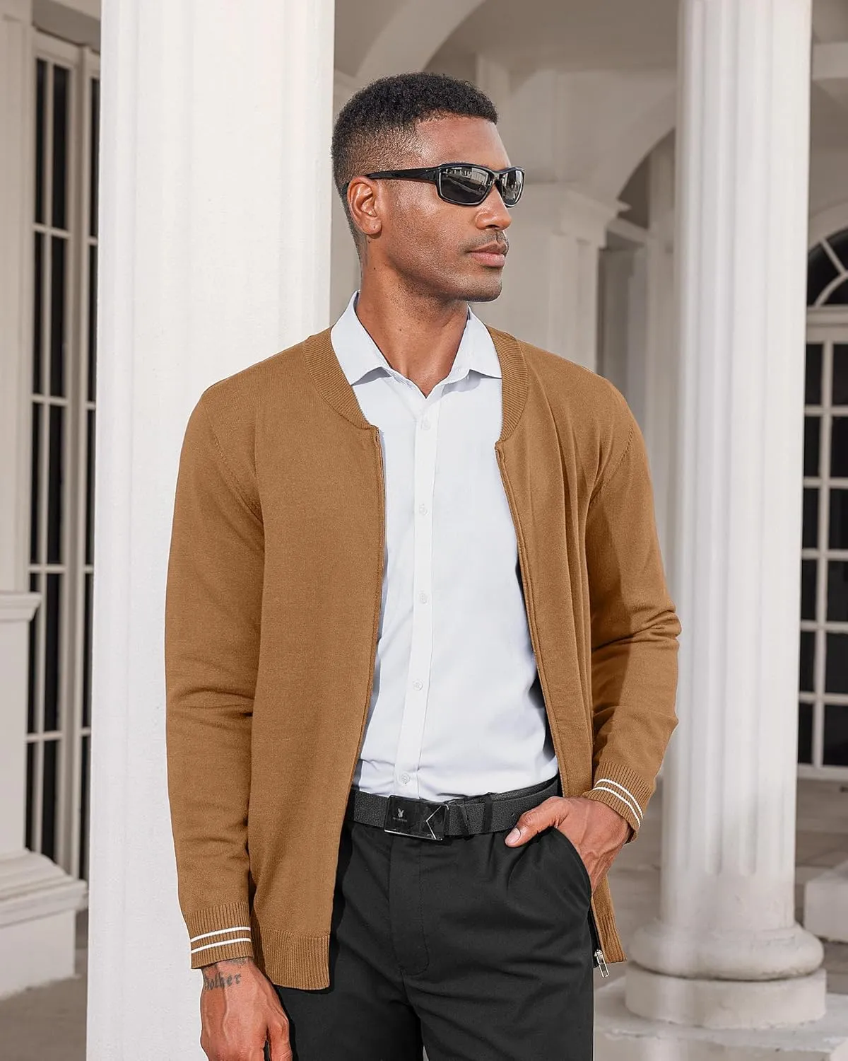 Lexiart Men's Casual Cardigan Sweaters Knitted Stand Collar Slim Fit Full-Zip Warm Jacket