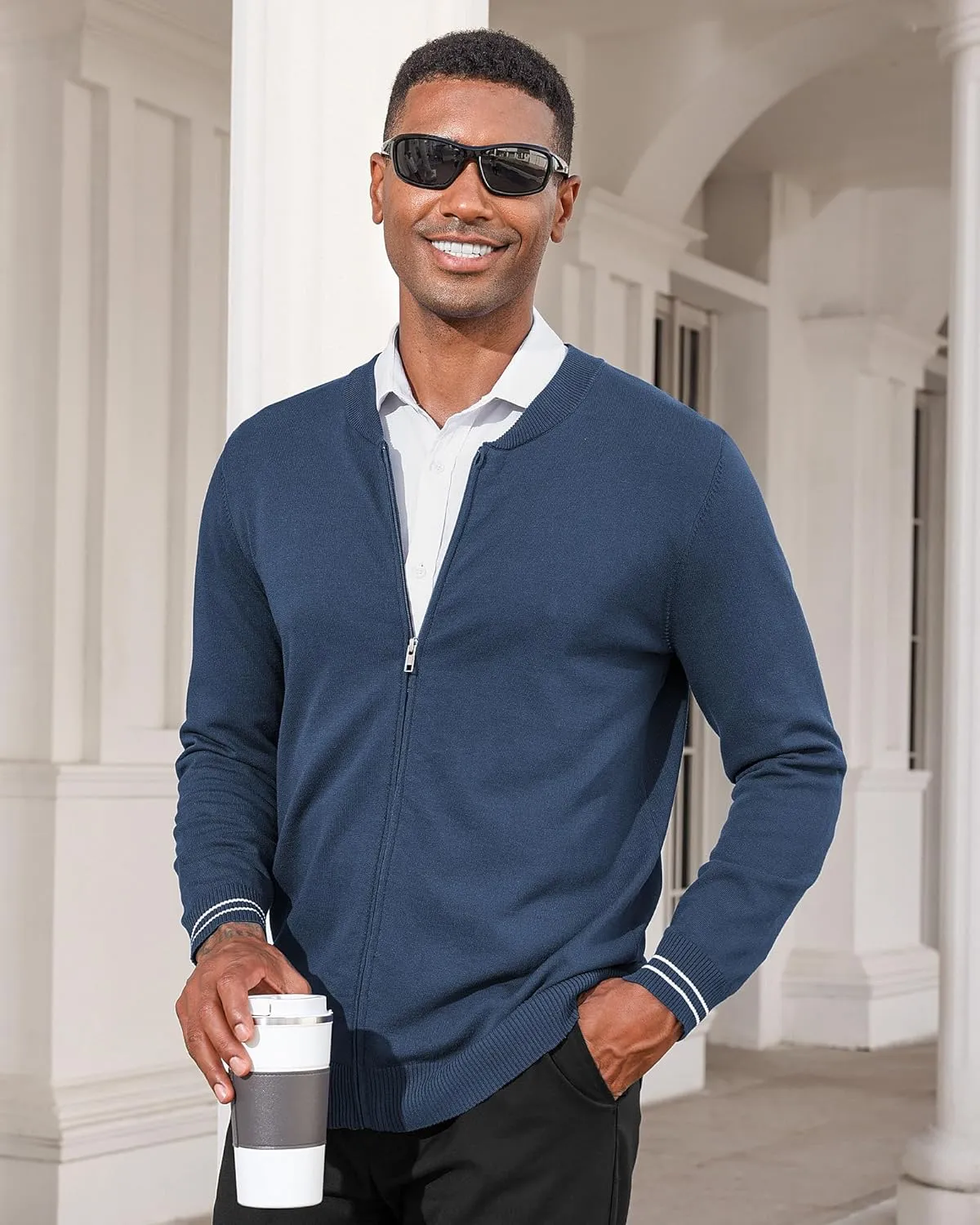 Lexiart Men's Casual Cardigan Sweaters Knitted Stand Collar Slim Fit Full-Zip Warm Jacket