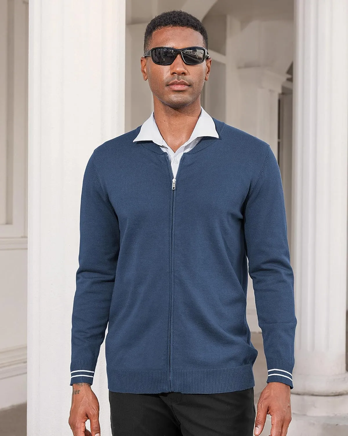 Lexiart Men's Casual Cardigan Sweaters Knitted Stand Collar Slim Fit Full-Zip Warm Jacket
