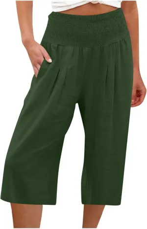 Linen Capri Pants for Women Elastic High Waisted Wide Leg Pant Baggy Lightweight Casual Summer Trendy Palazzo Trouser