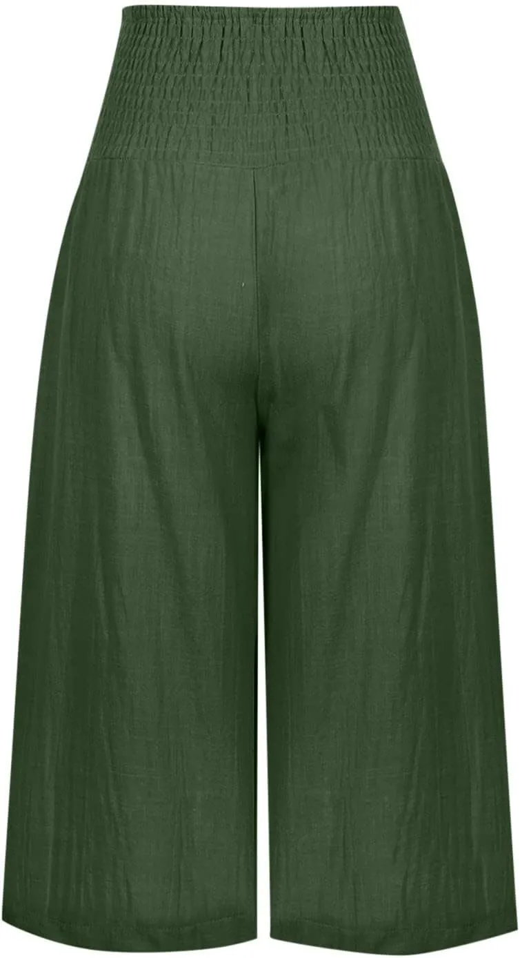 Linen Capri Pants for Women Elastic High Waisted Wide Leg Pant Baggy Lightweight Casual Summer Trendy Palazzo Trouser