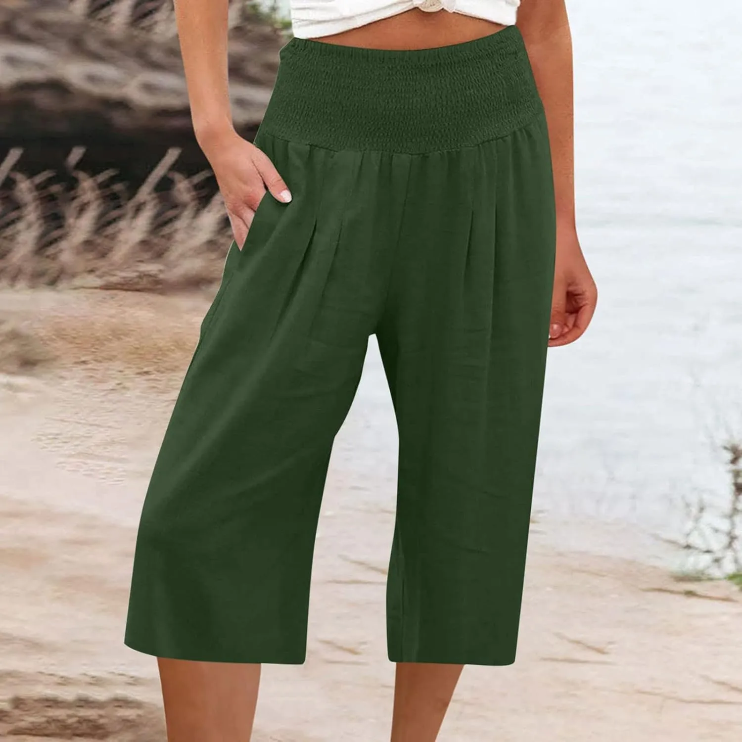 Linen Capri Pants for Women Elastic High Waisted Wide Leg Pant Baggy Lightweight Casual Summer Trendy Palazzo Trouser