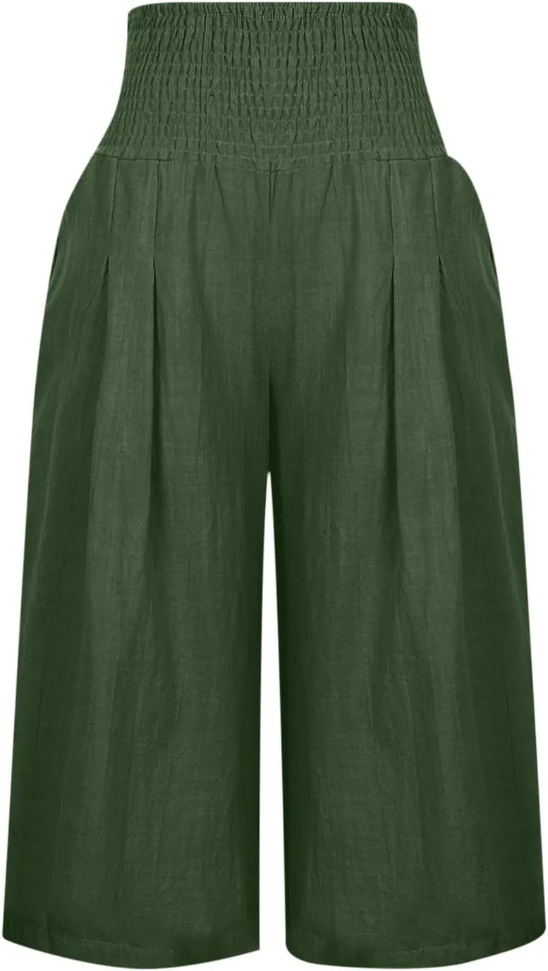 Linen Capri Pants for Women Elastic High Waisted Wide Leg Pant Baggy Lightweight Casual Summer Trendy Palazzo Trouser