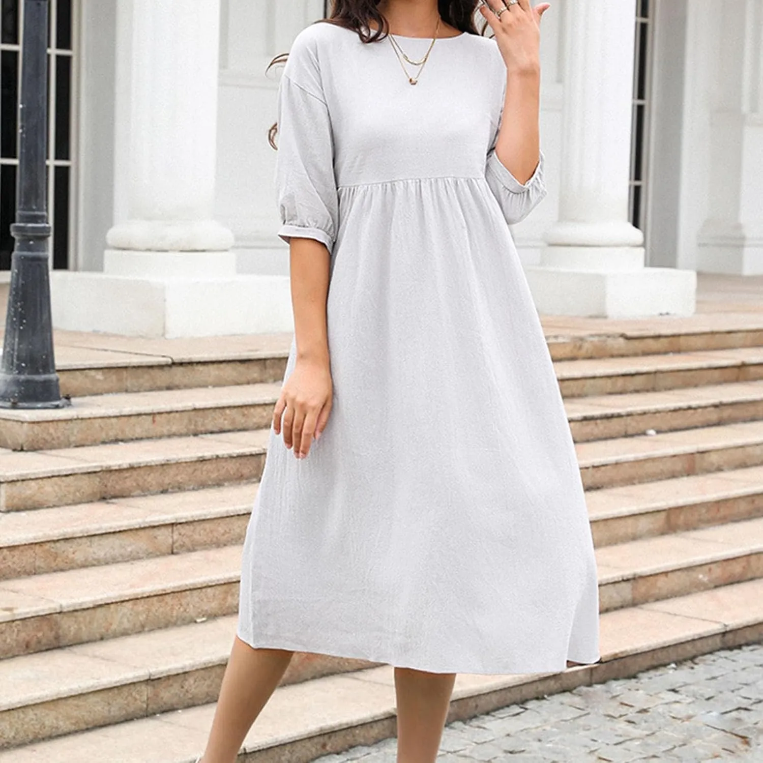 Linen Dress Women 2025 Summer Crew Neck Short Sleeve Solid Color Beach Midi Dresses Fashion Comfy Vacation Sundress