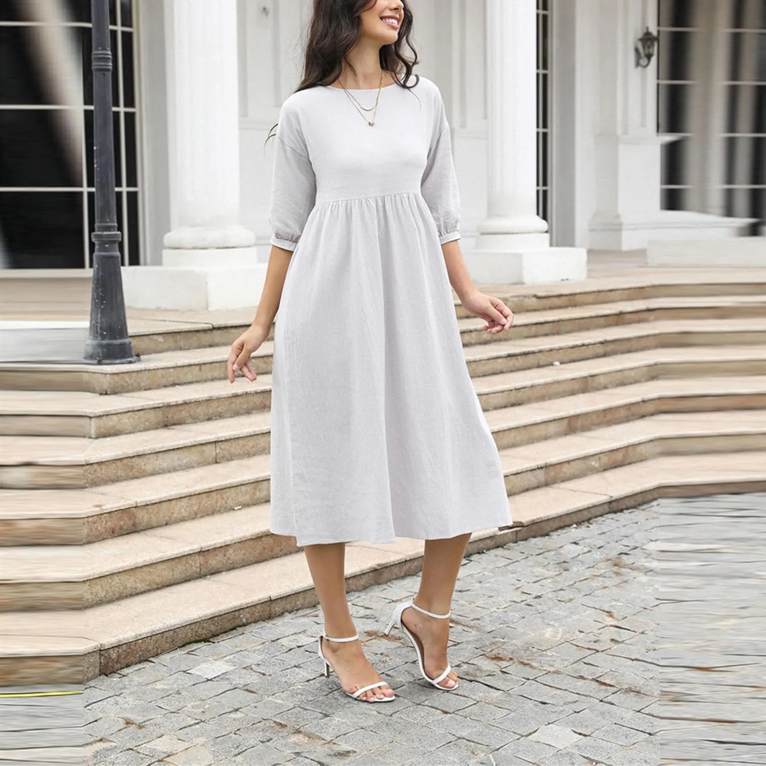 Linen Dress Women 2025 Summer Crew Neck Short Sleeve Solid Color Beach Midi Dresses Fashion Comfy Vacation Sundress