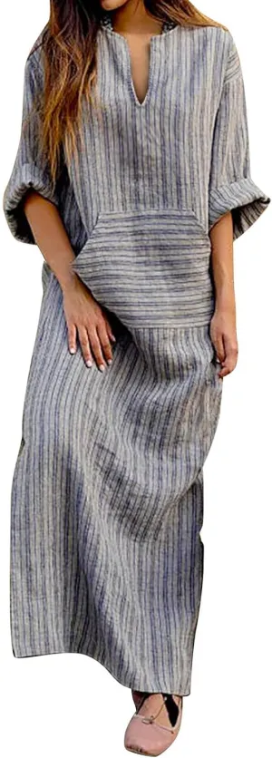 Linen Dress Women Summer Long Sleeve Maxi Dresses Japanese-Style V Neck Gown Robe Lightweight Long Dress with Front Pocket