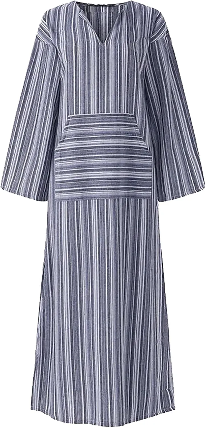 Linen Dress Women Summer Long Sleeve Maxi Dresses Japanese-Style V Neck Gown Robe Lightweight Long Dress with Front Pocket