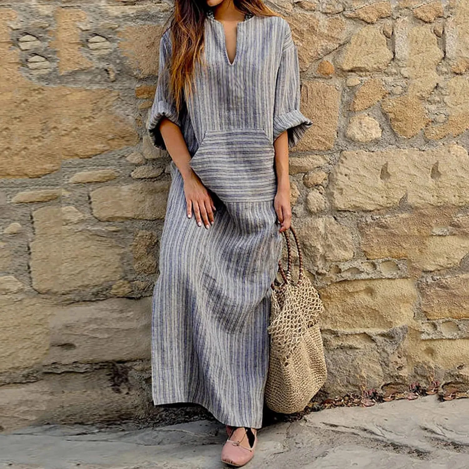 Linen Dress Women Summer Long Sleeve Maxi Dresses Japanese-Style V Neck Gown Robe Lightweight Long Dress with Front Pocket
