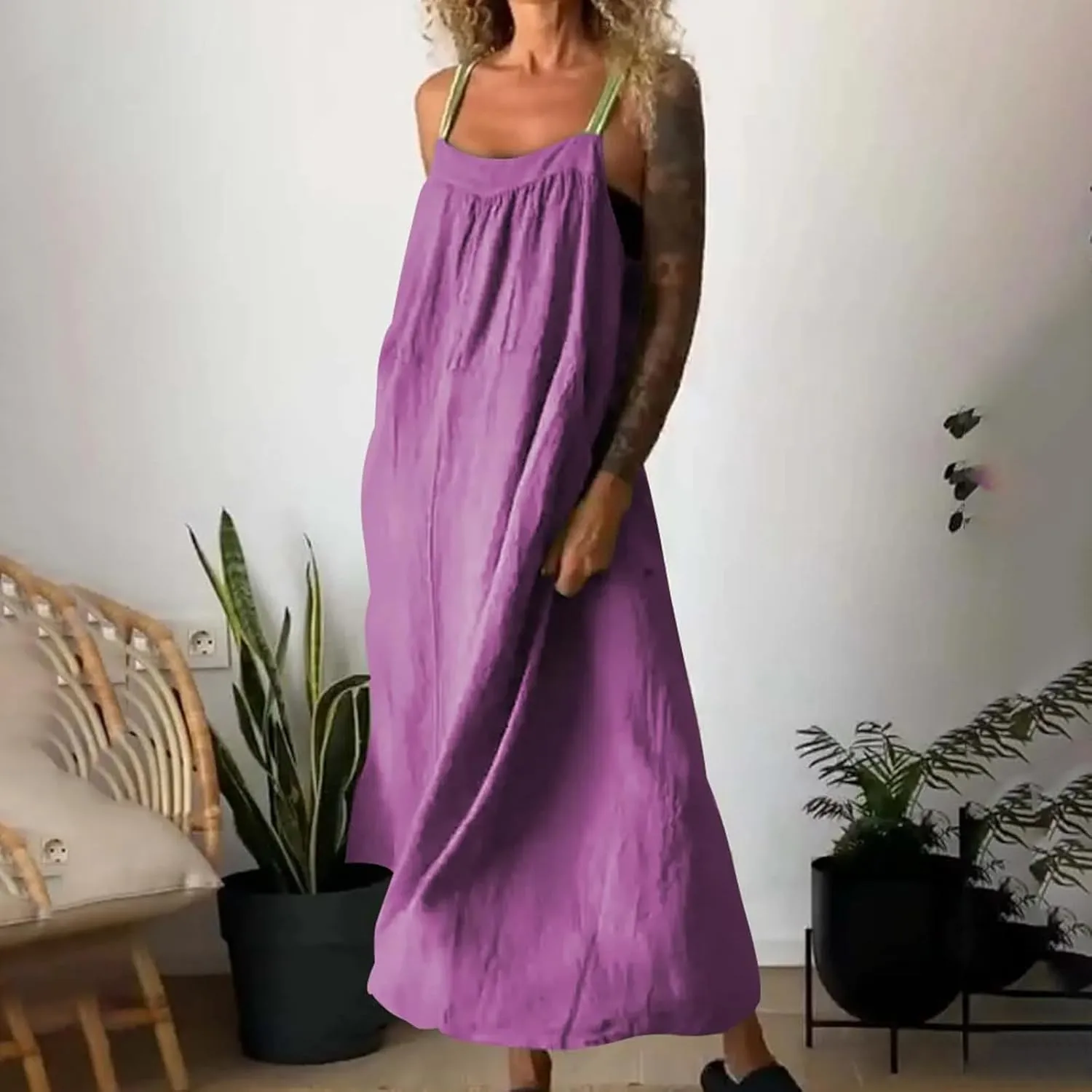 Linen Dresses for Women 2025 Spaghetti Strap Plus Size Cotton Clothes Soft Plus Size Beach Coverup Sundresses