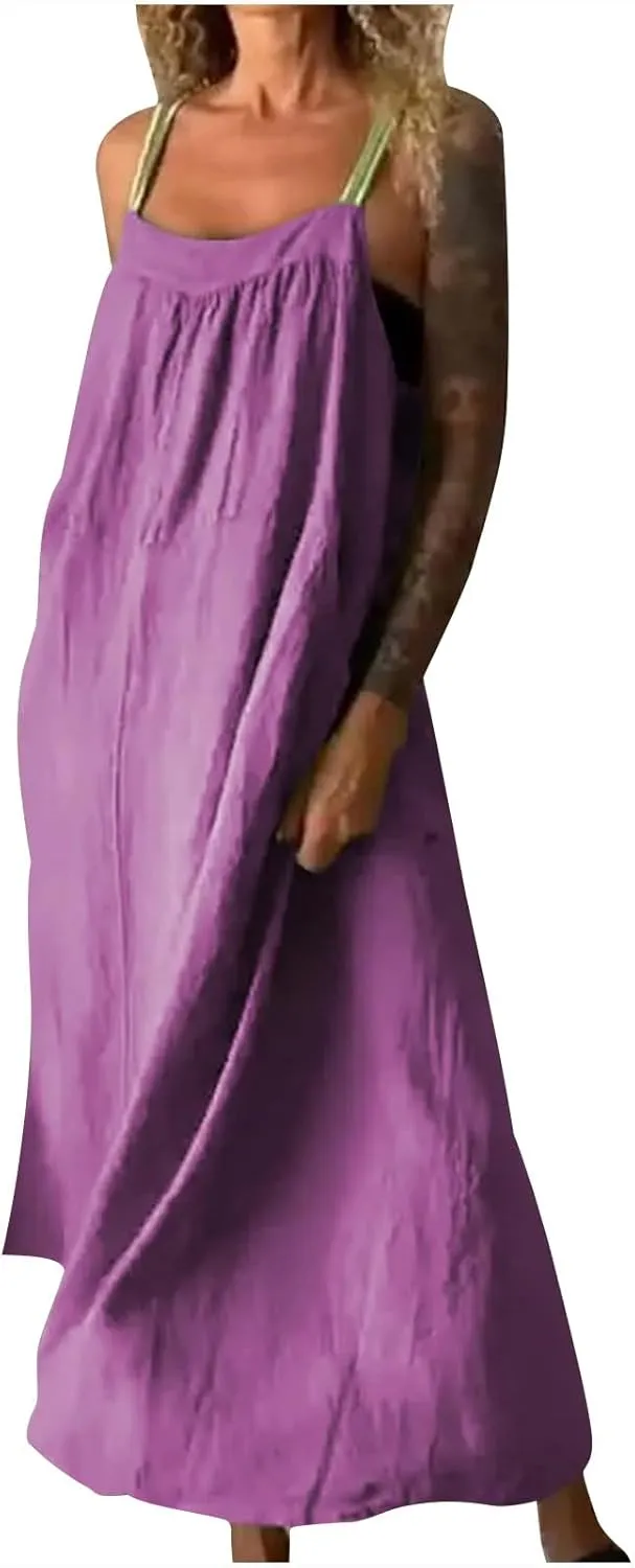 Linen Dresses for Women 2025 Spaghetti Strap Plus Size Cotton Clothes Soft Plus Size Beach Coverup Sundresses
