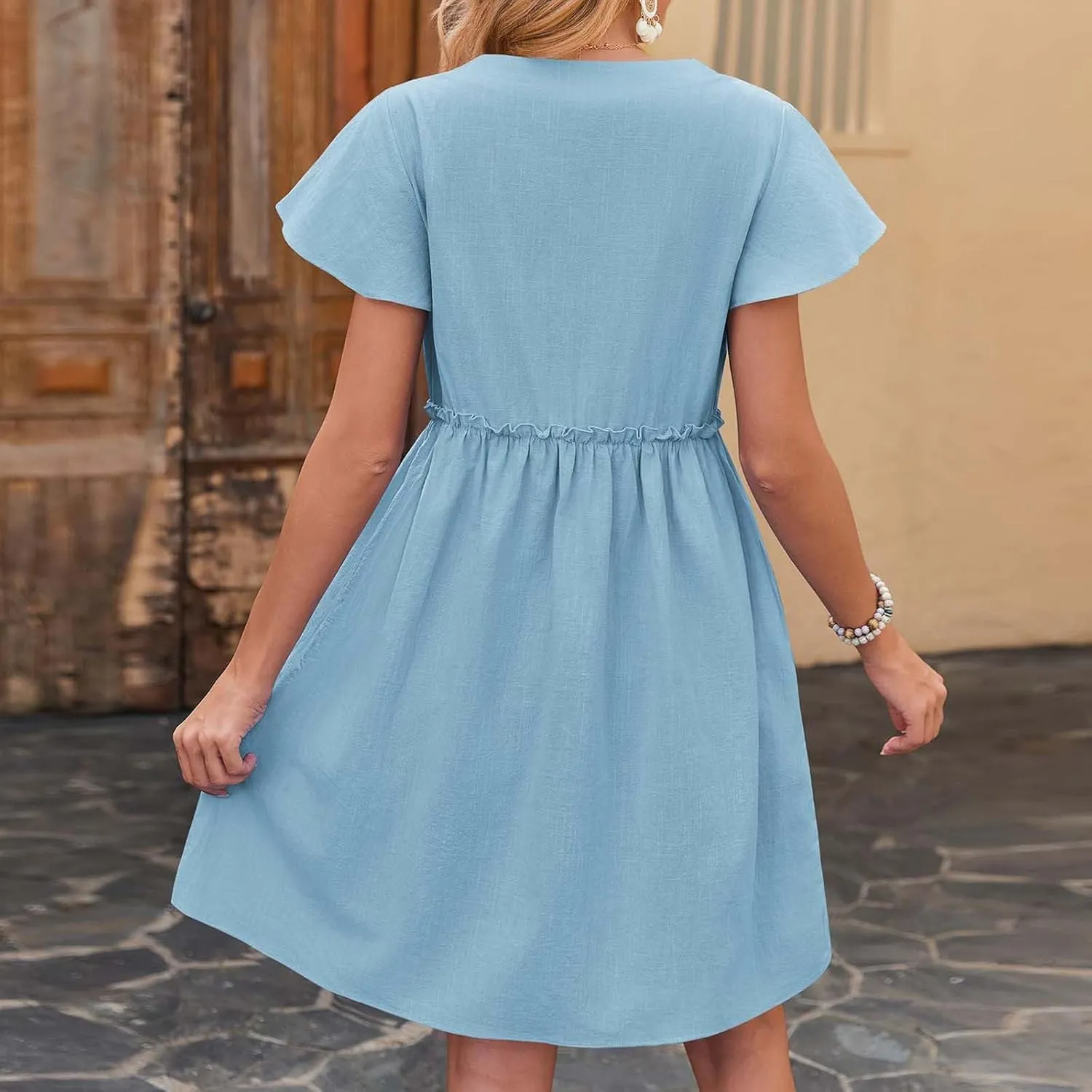 Linen Dresses for Women 2025 V Neck Button Down Midi Dress Short Sleeve Linen Dress with Pockets Ruffle Mini Dresses