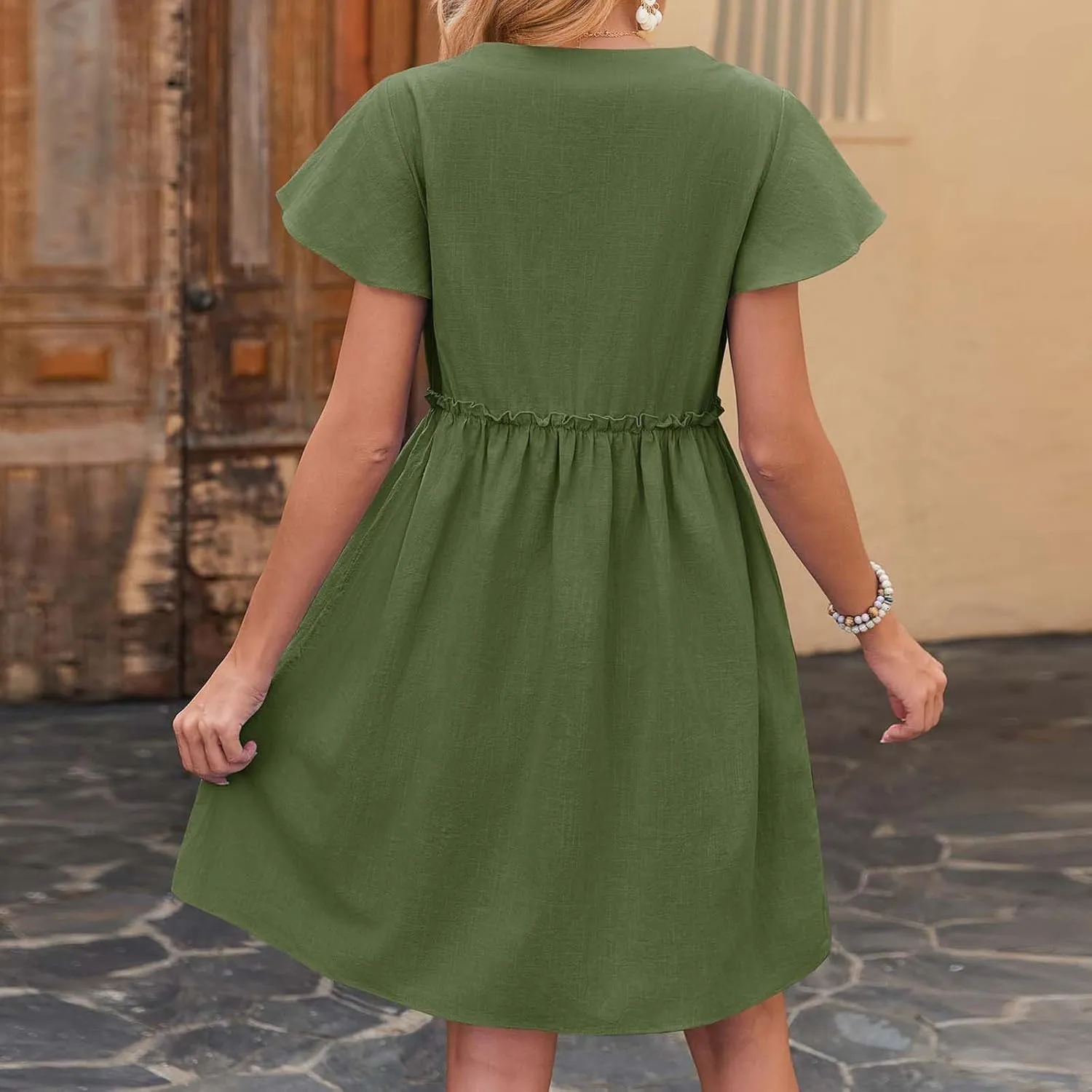 Linen Dresses for Women 2025 V Neck Button Down Midi Dress Short Sleeve Linen Dress with Pockets Ruffle Mini Dresses