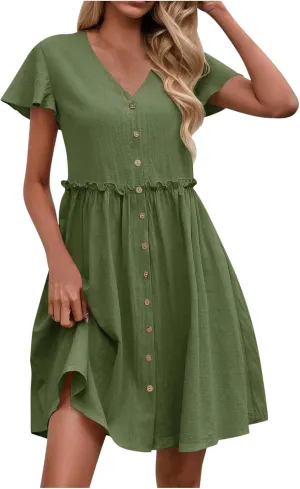 Linen Dresses for Women 2025 V Neck Button Down Midi Dress Short Sleeve Linen Dress with Pockets Ruffle Mini Dresses