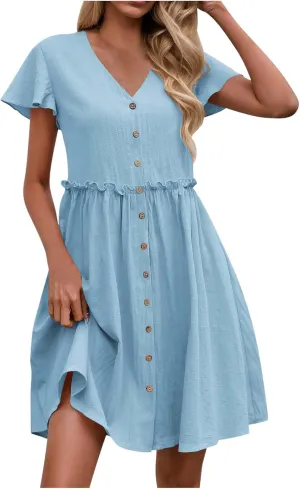 Linen Dresses for Women 2025 V Neck Button Down Midi Dress Short Sleeve Linen Dress with Pockets Ruffle Mini Dresses