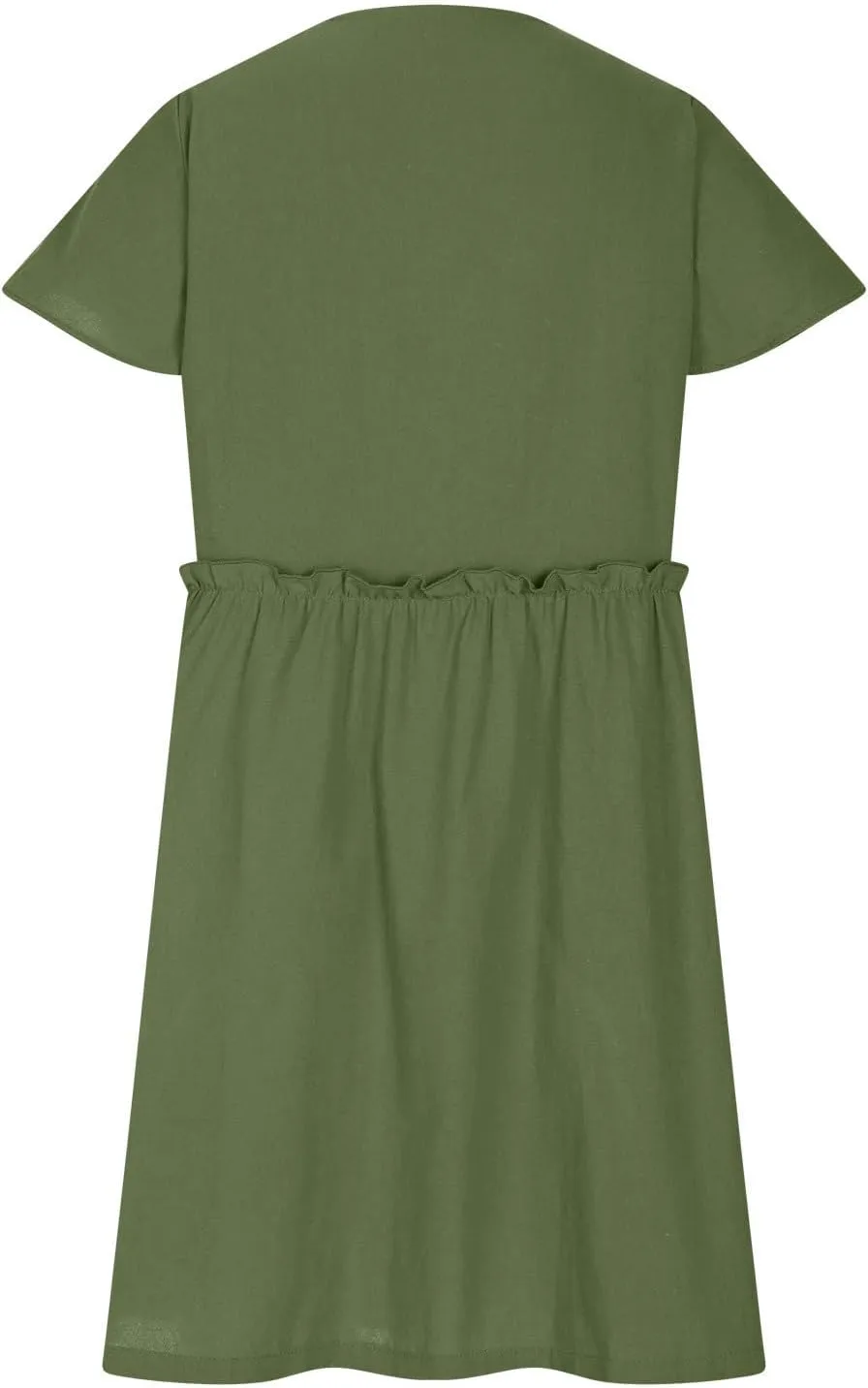 Linen Dresses for Women 2025 V Neck Button Down Midi Dress Short Sleeve Linen Dress with Pockets Ruffle Mini Dresses