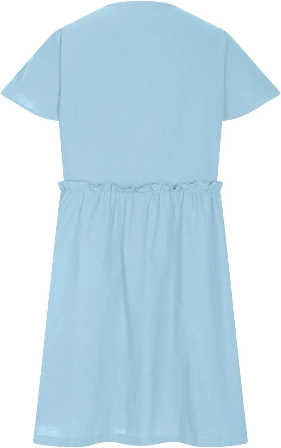 Linen Dresses for Women 2025 V Neck Button Down Midi Dress Short Sleeve Linen Dress with Pockets Ruffle Mini Dresses