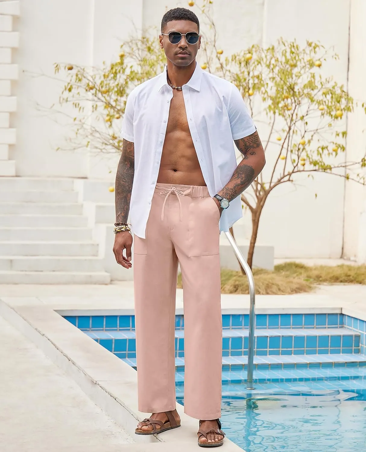Linen Pants for Men - Casual Wide Leg Beach & Lounge Pants with Pockets