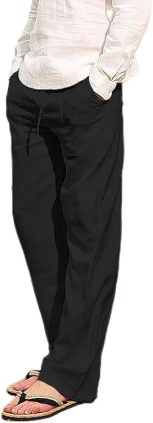 Linen Pants for Men Summer Casual Drawstring Elastic Waist Lightweight Comfy Straight Leg Pants with Pockets