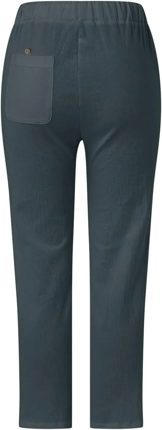 Linen Pants for Women 2025 Summer High Waist Elastic Straight Leg Lounge Pant Casual Loose Beach Lightweight Trousers