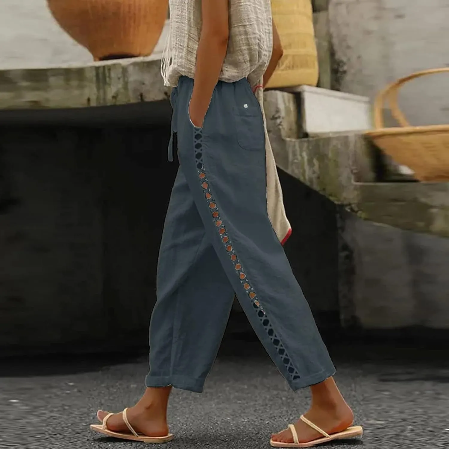 Linen Pants for Women 2025 Summer High Waist Elastic Straight Leg Lounge Pant Casual Loose Beach Lightweight Trousers