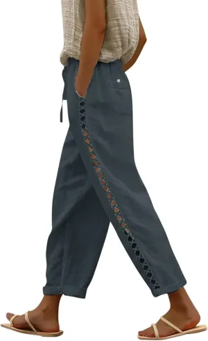 Linen Pants for Women 2025 Summer High Waist Elastic Straight Leg Lounge Pant Casual Loose Beach Lightweight Trousers