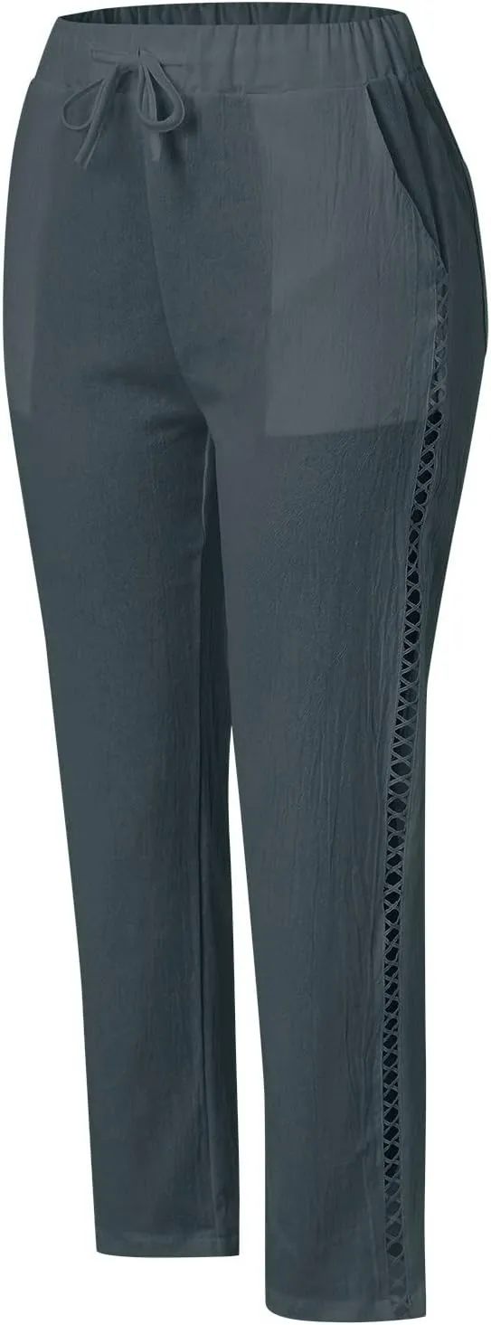 Linen Pants for Women 2025 Summer High Waist Elastic Straight Leg Lounge Pant Casual Loose Beach Lightweight Trousers