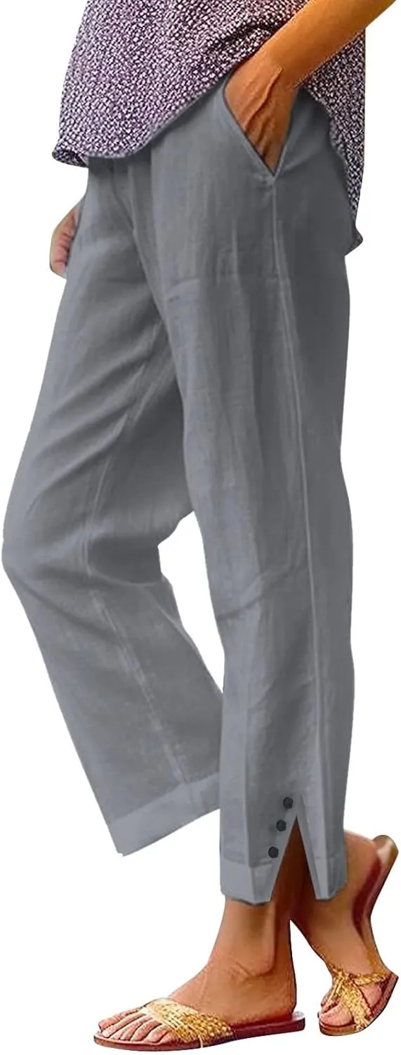Linen Pants for Women Cotton Casual Elastic Waist Drawstring Straight Wide Leg Plus Size Capri Pant with Pockets 2025