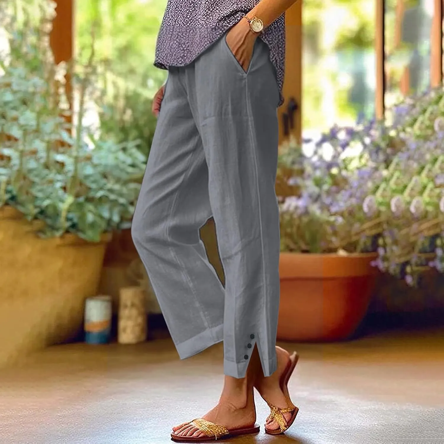 Linen Pants for Women Cotton Casual Elastic Waist Drawstring Straight Wide Leg Plus Size Capri Pant with Pockets 2025