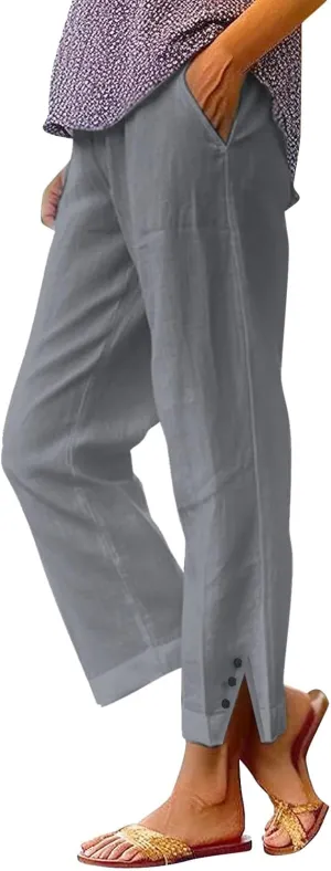 Linen Pants for Women Cotton Casual Elastic Waist Drawstring Straight Wide Leg Plus Size Capri Pant with Pockets 2025