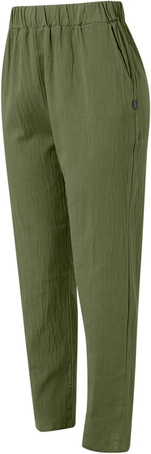 Linen Pants for Women High Waist Wide Leg Pants Loose Fit Summer Beach Pants Lightweight Long Casual Trousers Pocket